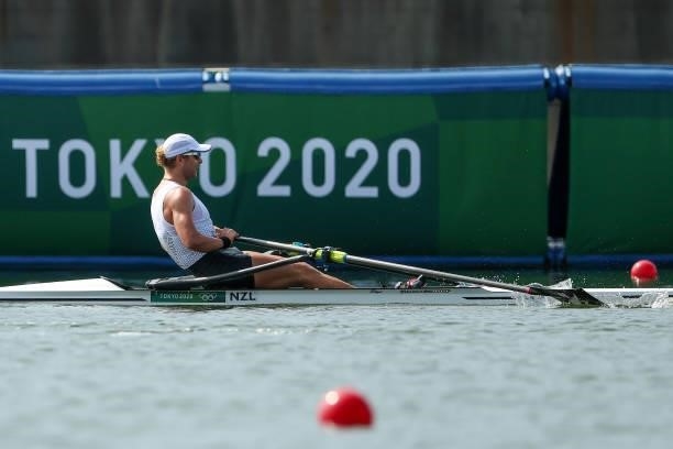 Jordan Parry of Team New Zealand competes during the Men’s Single Sculls Heat 2 on Day 0 of the Tokyo 2020 Olympic Games at Sea Forest Waterway on...