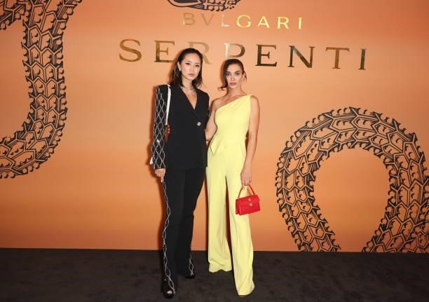 Betty Bachz and Amy Jackson attend the Bulgari Serpenti Metamorphosis party at The Serpentine Gallery on July 22, 2021 in London, England.