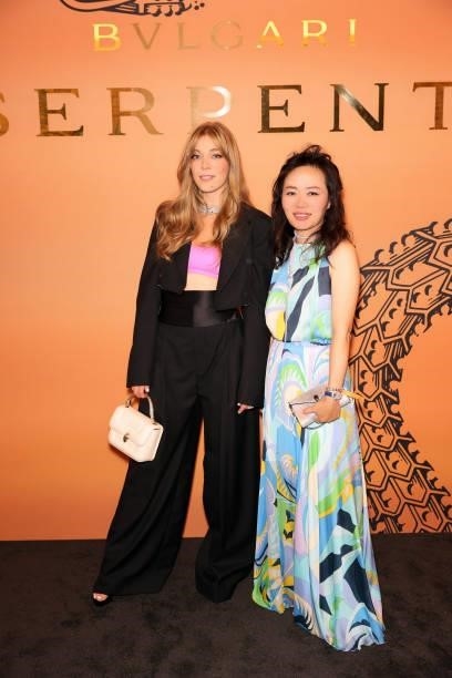 Joyce Weng and Becky Hill attend the Bulgari Serpenti Metamorphosis party at The Serpentine Gallery on July 22, 2021 in London, England.