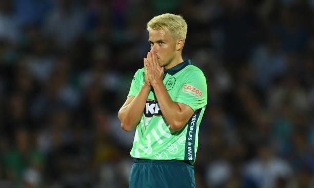 Sam Curran of Oval Invincibles looks on during the Hundred match between Oval Invincibles and Manchester Originals at The Kia Oval on July 22, 2021...