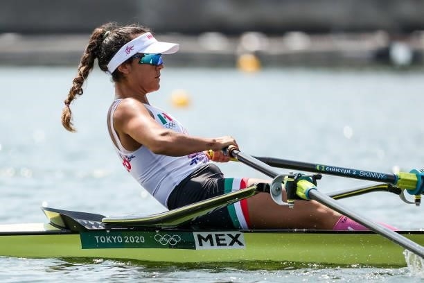 Kenia Lechuga of Team Mexico competes during the Women’s Single Sculls Heat 2 on Day 0 of the Tokyo 2020 Olympic Games at Sea Forest Waterway on July...