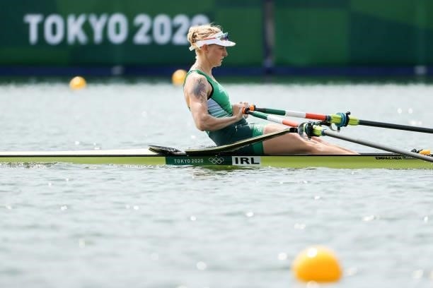 Sanita Puspure of Team Ireland competes during the Women’s Single Sculls Heat 2 on Day 0 of the Tokyo 2020 Olympic Games at Sea Forest Waterway on...