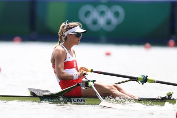 Carling Zeeman of Team Canada competes during the Women’s Single Sculls Heat 5 on Day 0 of the Tokyo 2020 Olympic Games at Sea Forest Waterway on...