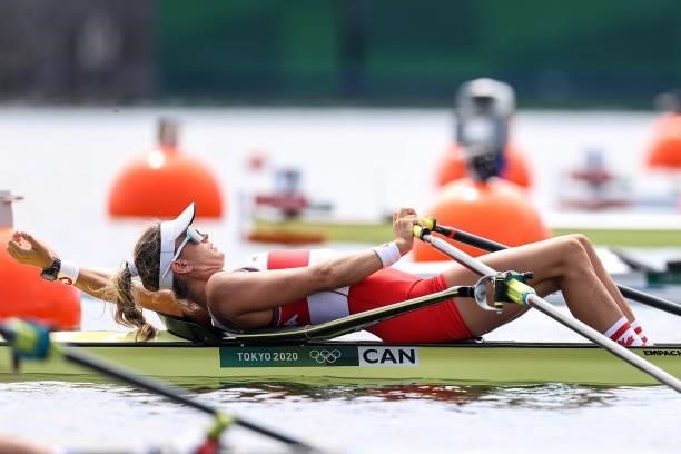 Carling Zeeman of Team Canada takes a break during the Women’s Single Sculls Heat 5 on Day 0 of the Tokyo 2020 Olympic Games at Sea Forest Waterway...