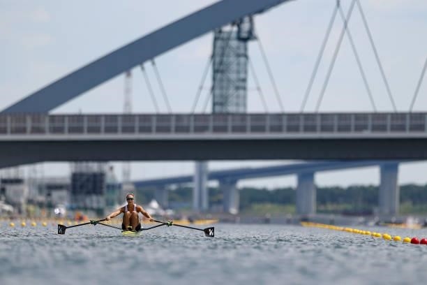 Emma Twigg of Team New Zealand competes during the Women’s Single Sculls Heat 6 on Day 0 of the Tokyo 2020 Olympic Games at Sea Forest Waterway on...