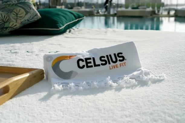 View of a towel on display during the CELSIUS Tropical Vibe Flavor Launch VIP Event At Baia Beach Club, Miami Beach. At Mondrian South Beach on July...