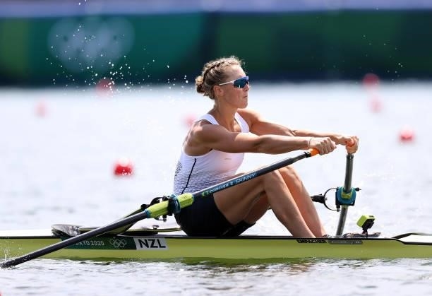 Emma Twigg of Team New Zealand competes during the Women’s Single Sculls Heat 6 on Day 0 of the Tokyo 2020 Olympic Games at Sea Forest Waterway on...
