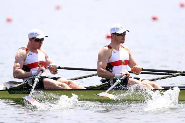 Stephan Krueger and Marc Weber of Team Germany compete during the Men’s Double Sculls Heat 1 on Day 0 of the Tokyo 2020 Olympic Games at Sea Forest...