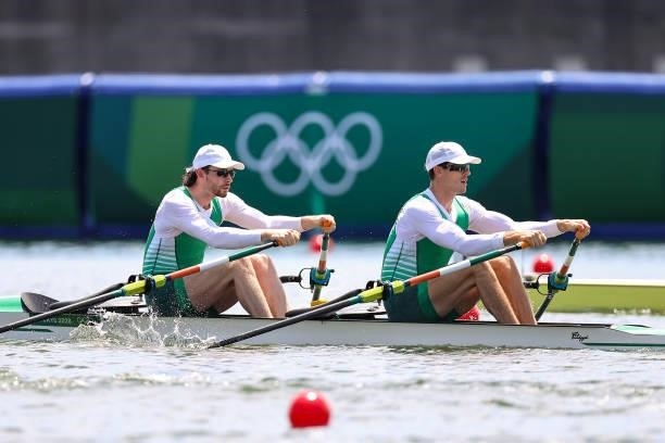 Ronan Byrne and Philip Doyle of Team Ireland compete during the Men’s Double Sculls Heat 2 on Day 0 of the Tokyo 2020 Olympic Games at Sea Forest...