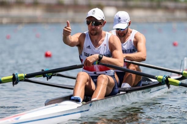 John Collins of Team Great Britain gestures during the Men’s Double Sculls Heat 3 on Day 0 of the Tokyo 2020 Olympic Games at Sea Forest Waterway on...