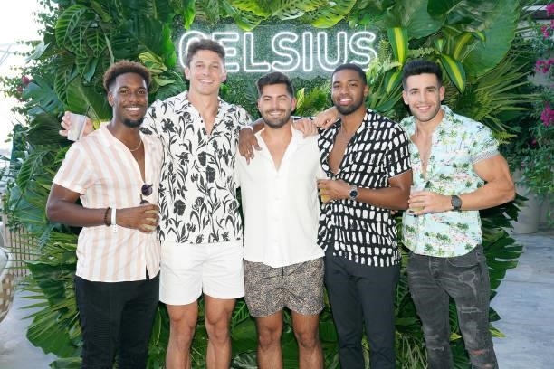 Connor Saeli , Dylan Barbour , and Ivan Hall attend the CELSIUS Tropical Vibe Flavor Launch VIP Event At Baia Beach Club, Miami Beach. At Mondrian...