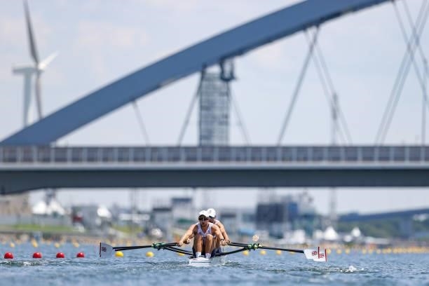 John Collins and Graeme Thomas of Team Great Britain compete during the Men’s Double Sculls Heat 3 on Day 0 of the Tokyo 2020 Olympic Games at Sea...