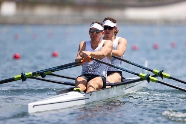 Christopher Harris and Jack Lopas of Team New Zealand compete during the Men’s Double Sculls Heat 2 on Day 0 of the Tokyo 2020 Olympic Games at Sea...