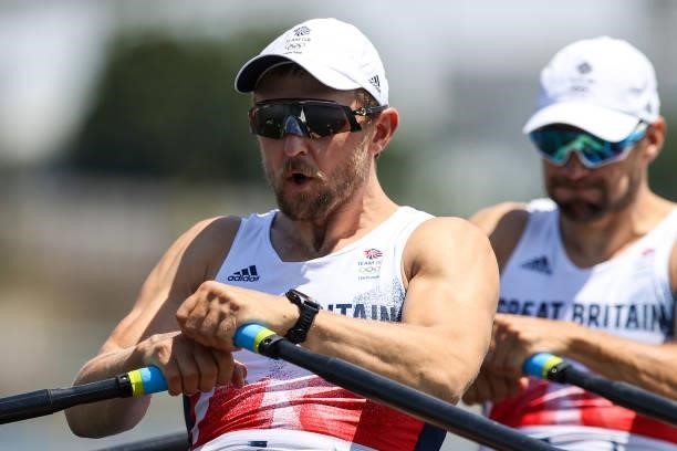 John Collins and Graeme Thomas of Team Great Britain compete during the Men’s Double Sculls Heat 3 on Day 0 of the Tokyo 2020 Olympic Games at Sea...