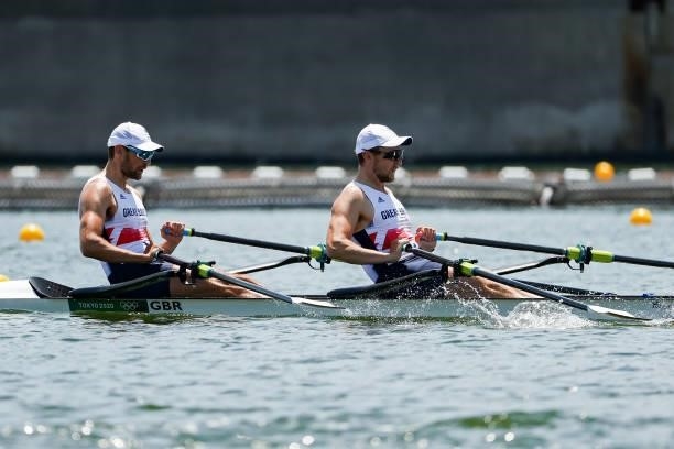 Graeme Thomas and John Collins of Team Great Britain compete during the Men’s Double Sculls Heat 3 on Day 0 of the Tokyo 2020 Olympic Games at Sea...