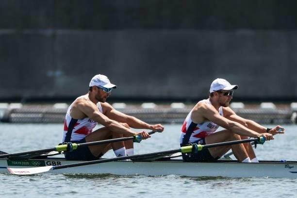 Graeme Thomas and John Collins of Team Great Britain compete during the Men’s Double Sculls Heat 3 on Day 0 of the Tokyo 2020 Olympic Games at Sea...