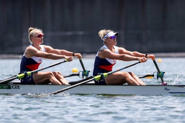 Kristyna Fleissnerova and Lenka Antosova of Team Czech Republic compete during the Women’s Double Sculls Heat 1 on Day 0 of the Tokyo 2020 Olympic...