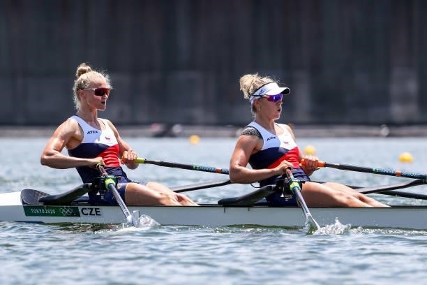 Kristyna Fleissnerova and Lenka Antosova of Team Czech Republic compete during the Women’s Double Sculls Heat 1 on Day 0 of the Tokyo 2020 Olympic...