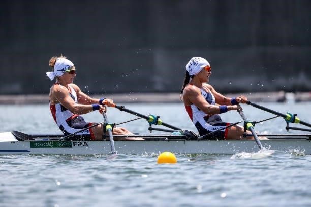 Helene Lefebvre and Elodie Ravera-Scaramozzino of Team France compete during during the Women’s Double Sculls Heat 1 on Day 0 of the Tokyo 2020...