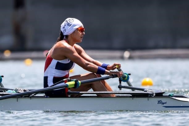 Elodie Ravera-Scaramozzino of Team France competes during during the Women’s Double Sculls Heat 1 on Day 0 of the Tokyo 2020 Olympic Games at Sea...