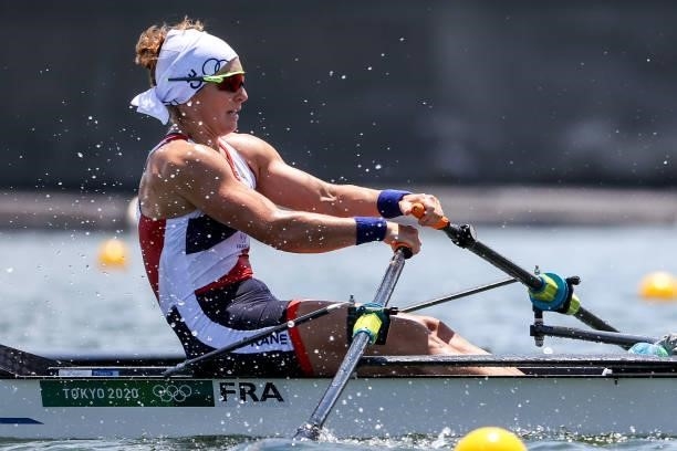 Helene Lefebvre of Team France competes during during the Women’s Double Sculls Heat 1 on Day 0 of the Tokyo 2020 Olympic Games at Sea Forest...