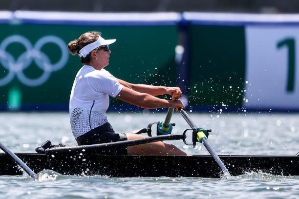 Hannah Osborne of Team New Zealand competes during during the Women’s Double Sculls Heat 1 on Day 0 of the Tokyo 2020 Olympic Games at Sea Forest...
