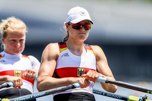 Annekatrin Thiele and Leonie Menzel of Team Germany compete during the Women’s Double Sculls Heat 3 on Day 0 of the Tokyo 2020 Olympic Games at Sea...