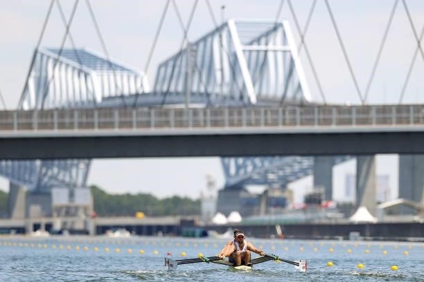Team Great Britain competes during the Men’s Quadruple Sculls Heat 1 on Day 0 of the Tokyo 2020 Olympic Games at Sea Forest Waterway on July 23, 2021...