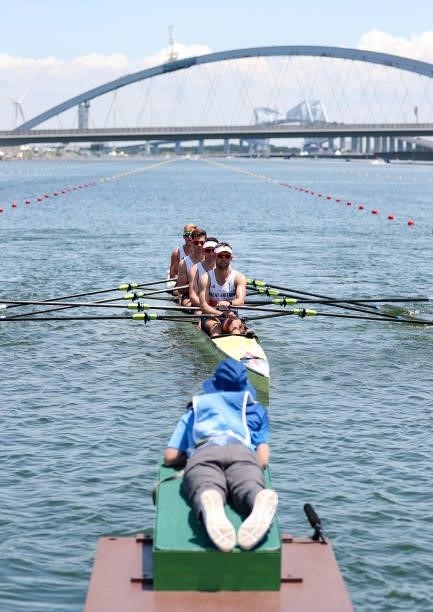 Jack Beaumont, Tom Barras, Angus Groom and Harry Leask of Team Great Britain compete during the Men’s Quadruple Sculls Heat 1 on Day 0 of the Tokyo...
