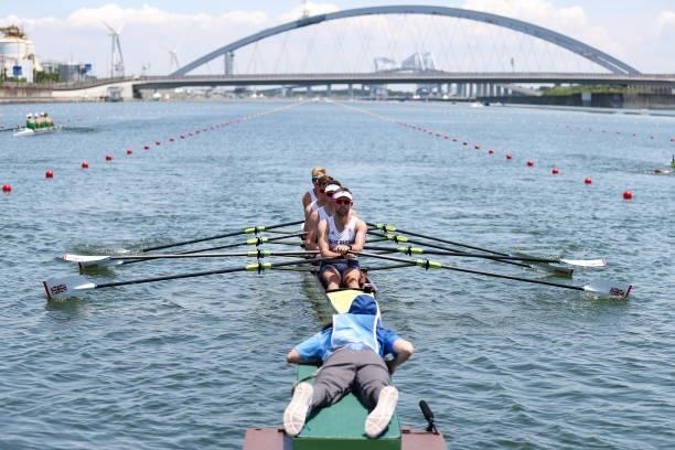 Jack Beaumont, Tom Barras, Angus Groom and Harry Leask of Team Great Britain compete during the Men’s Quadruple Sculls Heat 1 on Day 0 of the Tokyo...