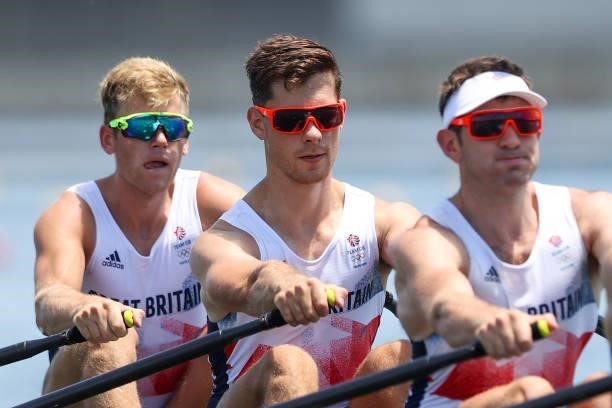 Tom Barras, Angus Groom and Harry Leask of Team Great Britain compete during the Men’s Quadruple Sculls Heat 1 on Day 0 of the Tokyo 2020 Olympic...