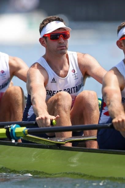 Tom Barras of Team Great Britain competes during the Men’s Quadruple Sculls Heat 1 on Day 0 of the Tokyo 2020 Olympic Games at Sea Forest Waterway on...