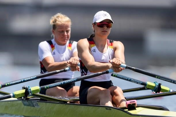 Annekatrin Thiele and Leonie Menzel of Team Germany compete during the Women’s Double Sculls Heat 3 on Day 0 of the Tokyo 2020 Olympic Games at Sea...