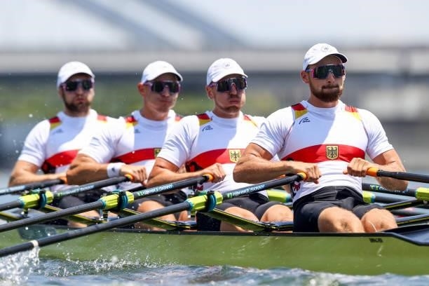Tim Ole Naske, Karl Schulze, Hans Gruhne and Max Appel of Team Germany compete during the Men’s Quadruple Sculls Heat 2 on Day 0 of the Tokyo 2020...