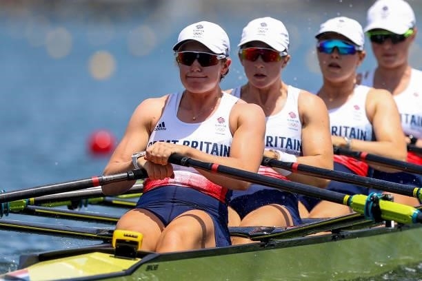 Lucy Glover, Charlotte Hodgkins Byrne, Mathilda Hodgins Byrne and Hannah Scott of Team Great Britain compete during the Women’s Quadruple Sculls Heat...