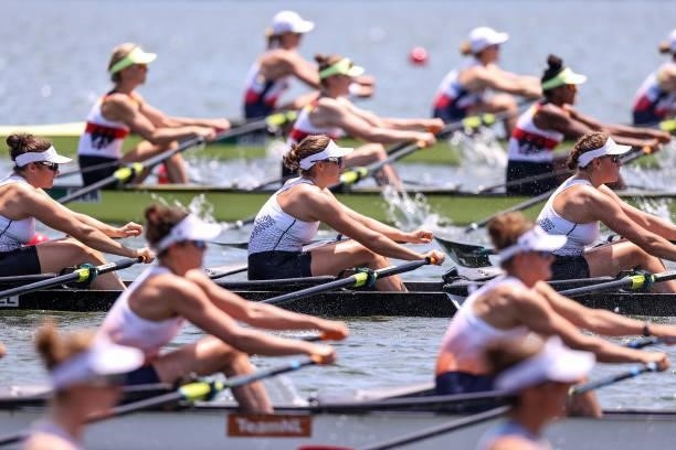 Team New Zealand competes against Teams Great Britain, Germany, Netherlands and United States during the Women’s Quadruple Sculls Heat 1 on Day 0 of...