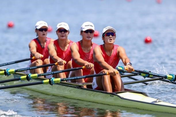 Yunxia Chen, Ling Zhang, Yang Lyu and Xiaotong Cui of Team China compete during the Women’s Quadruple Sculls Heat 2 on Day 0 of the Tokyo 2020...