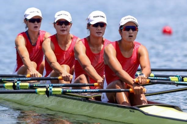 Yunxia Chen, Ling Zhang, Yang Lyu and Xiaotong Cui of Team China compete during the Women’s Quadruple Sculls Heat 2 on Day 0 of the Tokyo 2020...