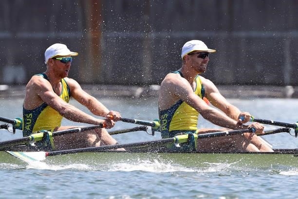 Cameron Girdlestone and Luke Letcher of Team Australia compete during the Men’s Quadruple Sculls Heat 1 on Day 0 of the Tokyo 2020 Olympic Games at...