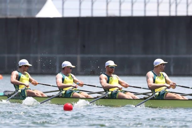 Jack Cleary, Caleb Antill, Cameron Girdlestone and Luke Letcher of Team Australia compete during the Men’s Quadruple Sculls Heat 1 on Day 0 of the...