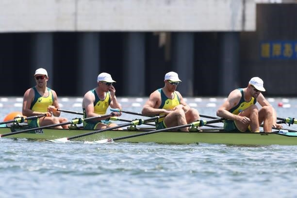 Jack Cleary, Caleb Antill, Cameron Girdlestone and Luke Letcher of Team Australia compete during the Men’s Quadruple Sculls Heat 1 on Day 0 of the...