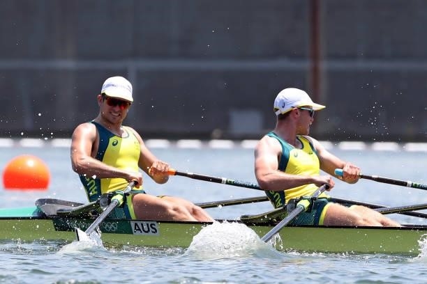 Jack Cleary and Caleb Antill of Team Australia compete during the Men’s Quadruple Sculls Heat 1 on Day 0 of the Tokyo 2020 Olympic Games at Sea...