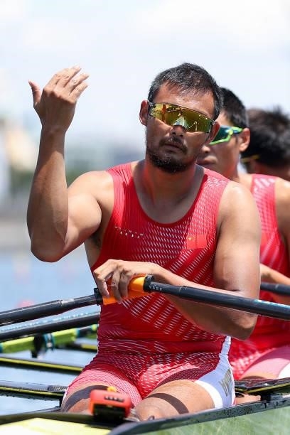 Quan Zhang of Team China gestures during the Men’s Quadruple Sculls Heat 1 on Day 0 of the Tokyo 2020 Olympic Games at Sea Forest Waterway on July...