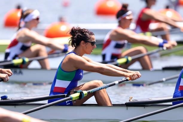 Veronica Lisi of Team Italy competes during the Women’s Quadruple Sculls Heat 2 on Day 0 of the Tokyo 2020 Olympic Games at Sea Forest Waterway on...