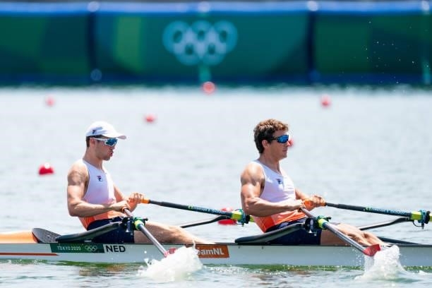 Stef Broenink of the Netherlands and Melvin Twellaar of the Netherlands competing on Men's Double Sculls Heat 3 during the Tokyo 2020 Olympic Games...
