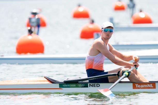 Melvin Twellaar of the Netherlands competing on Men's Double Sculls Heat 3 during the Tokyo 2020 Olympic Games at the Sea Forest Waterway on July 23,...