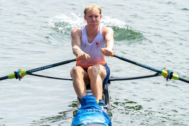 Finn Florijn of the Netherlands competing on Men's Single Sculls Heat 6 during the Tokyo 2020 Olympic Games at the Sea Forest Waterway on July 23,...