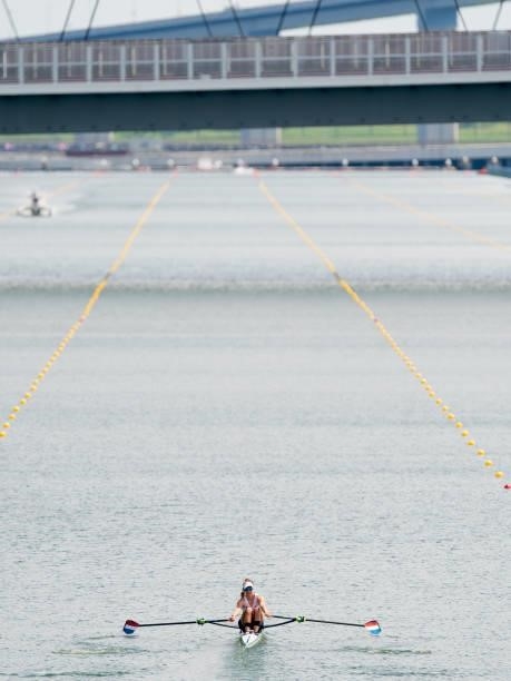 Sophie Souwer of the Netherlands competing on Women's Single Sculls Heat 6 during the Tokyo 2020 Olympic Games at the Sea Forest Waterway on July 23,...