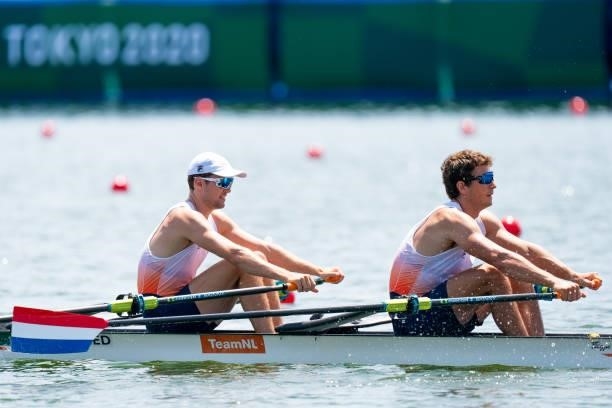 Stef Broenink of the Netherlands and Melvin Twellaar of the Netherlands competing on Men's Double Sculls Heat 3 during the Tokyo 2020 Olympic Games...
