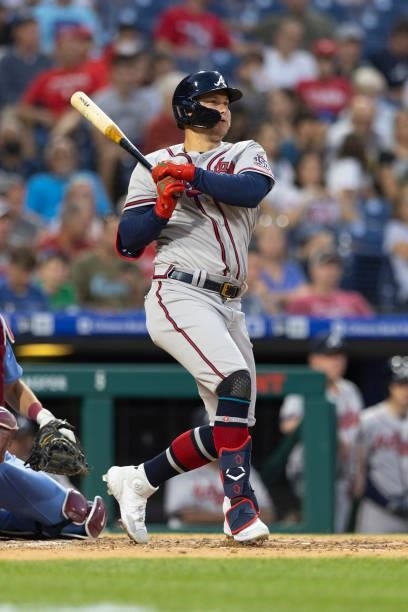Joc Pederson of the Atlanta Braves bats against the Philadelphia Phillies at Citizens Bank Park on July 22, 2021 in Philadelphia, Pennsylvania. The...